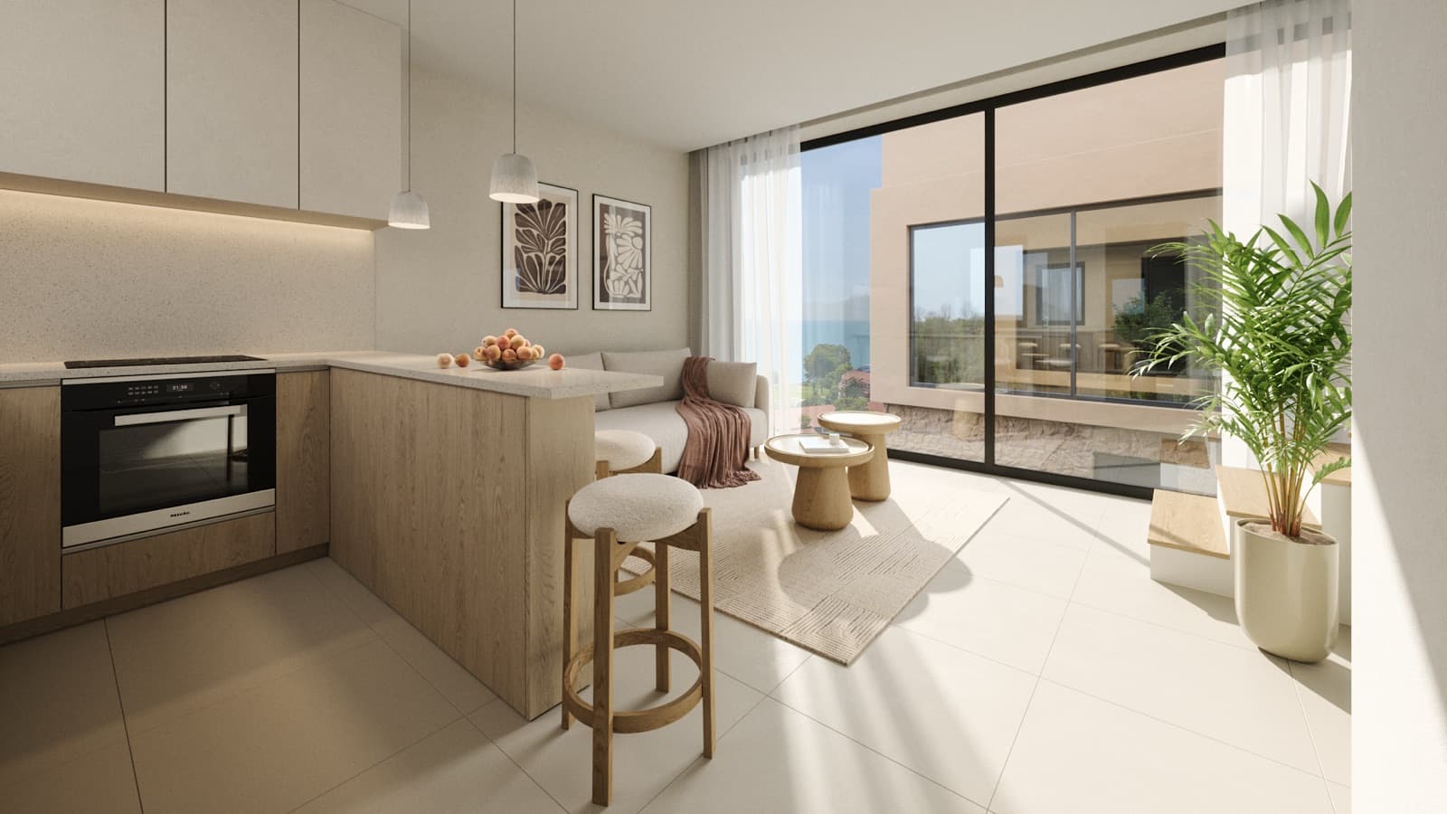 The River living and dining space with garden view